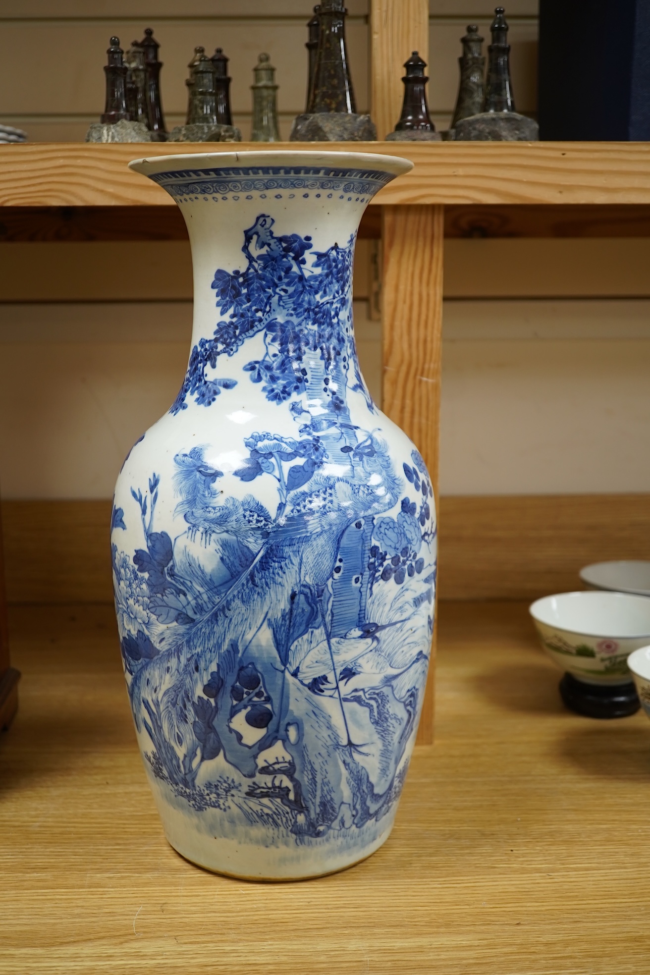 A late 19th century Chinese blue and white ‘Hundred Birds’ baluster vase, 44cm high